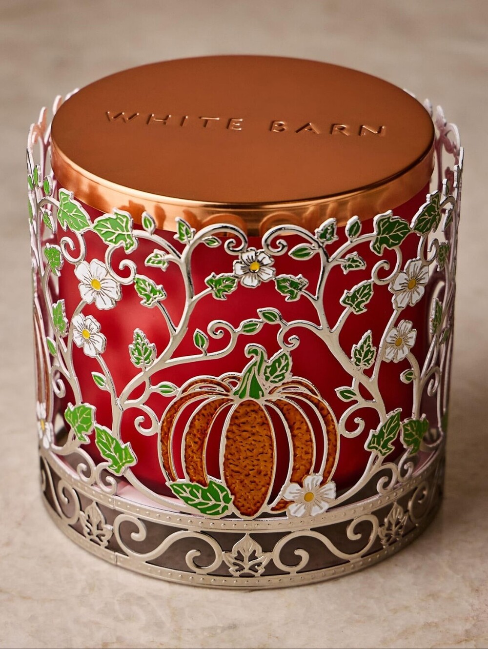 Bath & Body Works Pretty Pumpkin & Floral Fall Metal Candle Holder Sleeve NEW